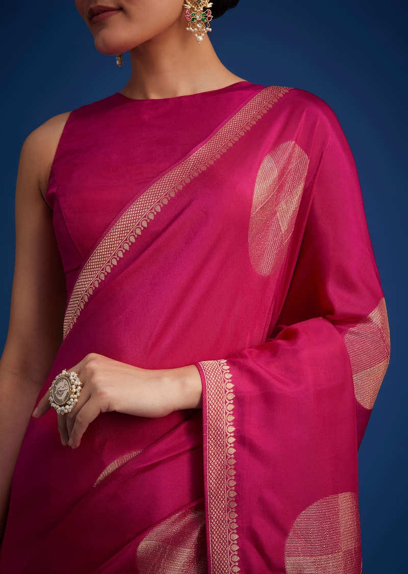 Magenta Pink Dola Silk Saree With Zari Work In Geometric Patterns