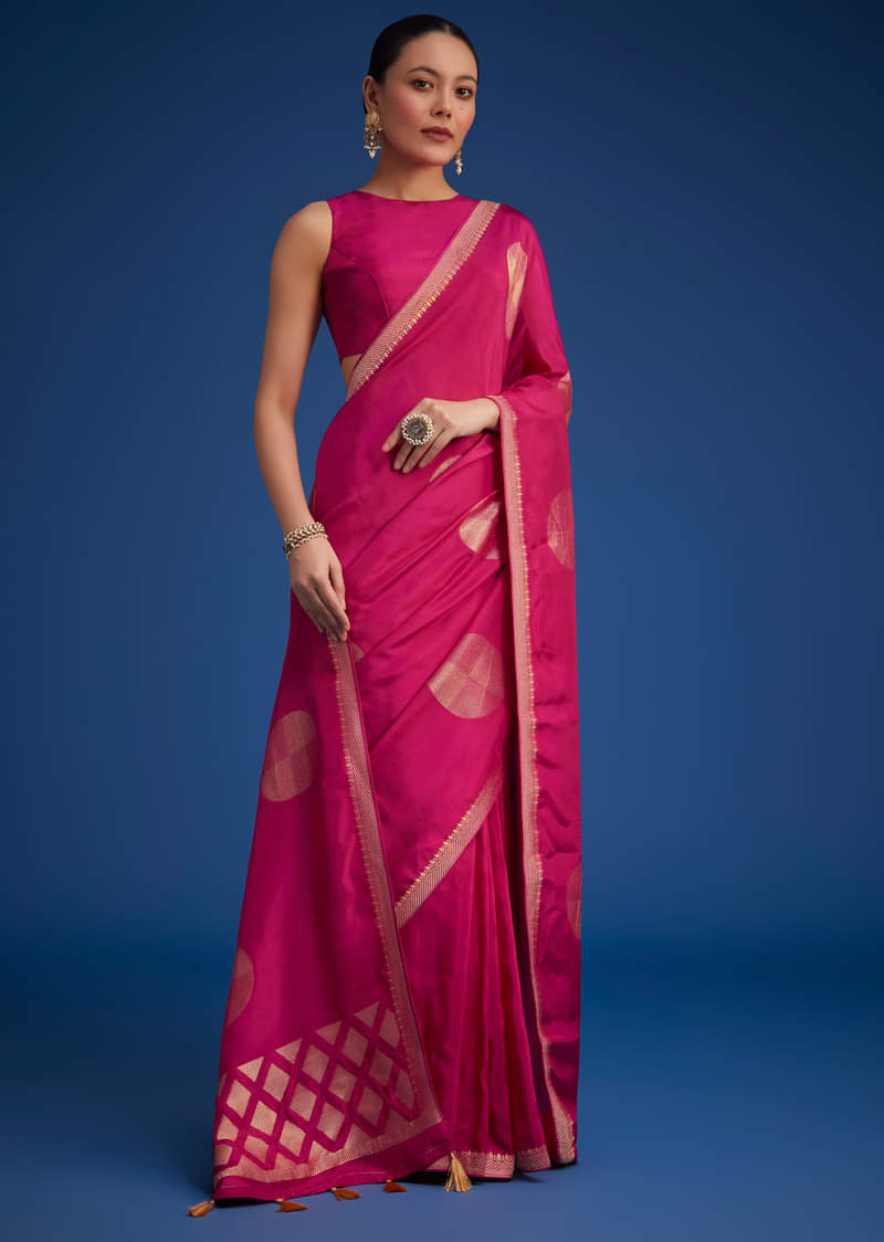 Magenta Pink Dola Silk Saree With Zari Work In Geometric Patterns