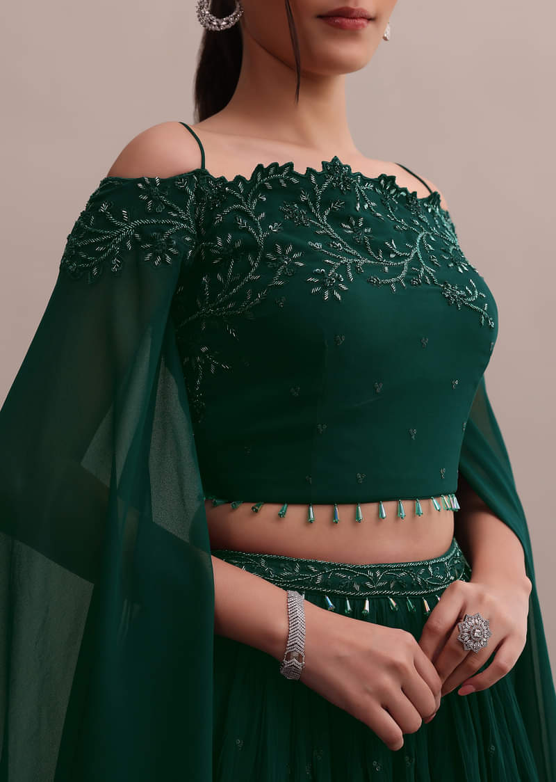 Majestic Dark Green Georgette Embroidered Off-Shoulder Crop Top Lehenga Set