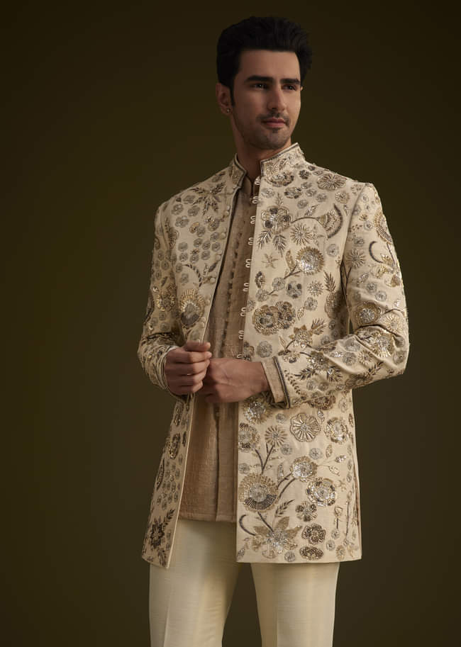 Beige Silk Indowestern Suit With Floral Zardosi Embroidery