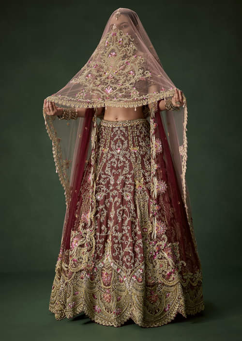 Maroon Bridal Silk Embellished Lehenga Set with  Two Dupattas