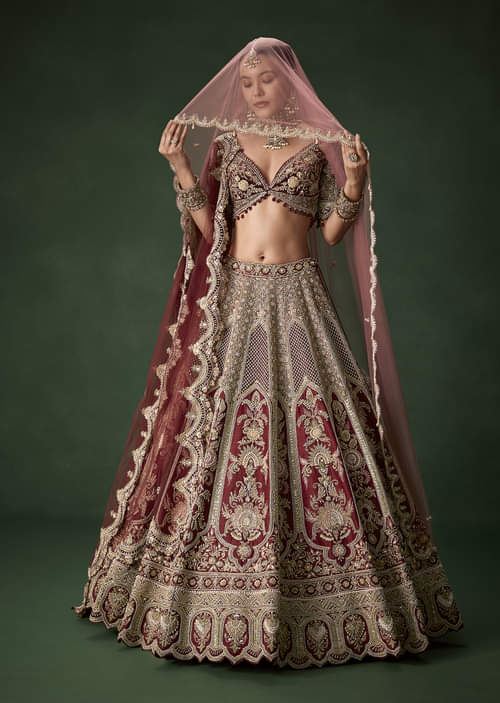 Maroon Bridal Silk Sequin Lehenga Set with  Two Dupattas