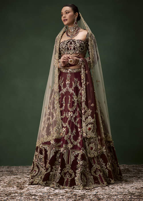 Maroon Bridal Silk Zardozi Lehenga Set with  Two Dupattas