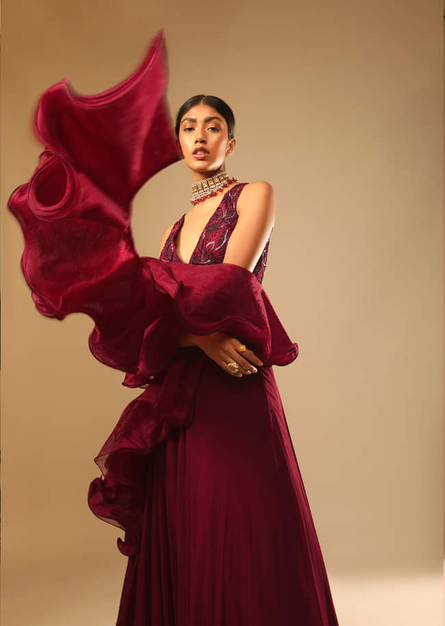 Maroon Lehenga And Crop Top With Hand Embroidered Leaf Motifs And A Ruffle Dupatta 