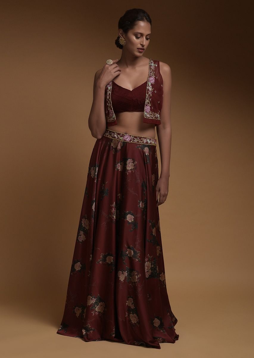 Buy Tina Datta In Kalki Maroon Skirt And Crop Top With Floral Print And Short Net Jacket With Floral Embroidery