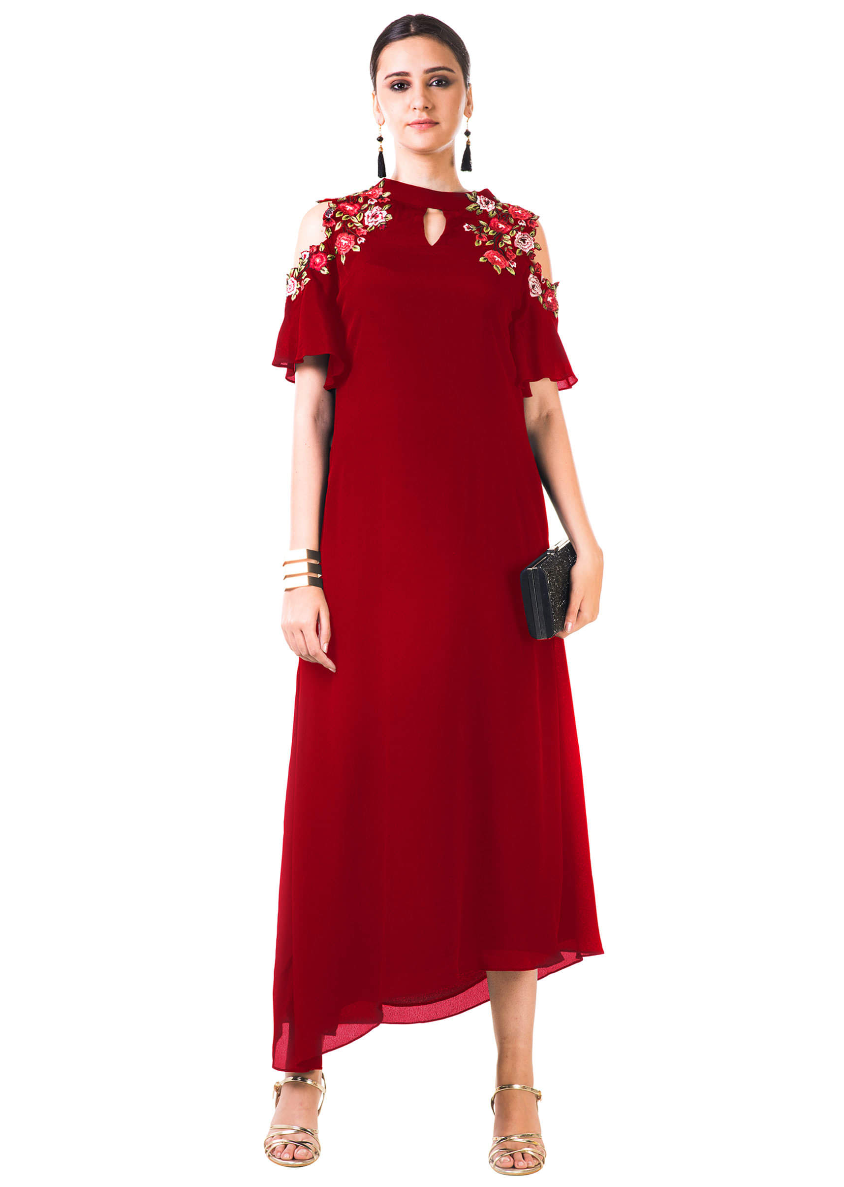 Buy Maroon Asymmetrical Dress With Hand Embroidered Cold Shoulder KALKI Fashion Global