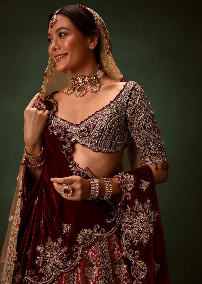 Maroon Brocade Lehenga Dupatta With Cross Body Blouse