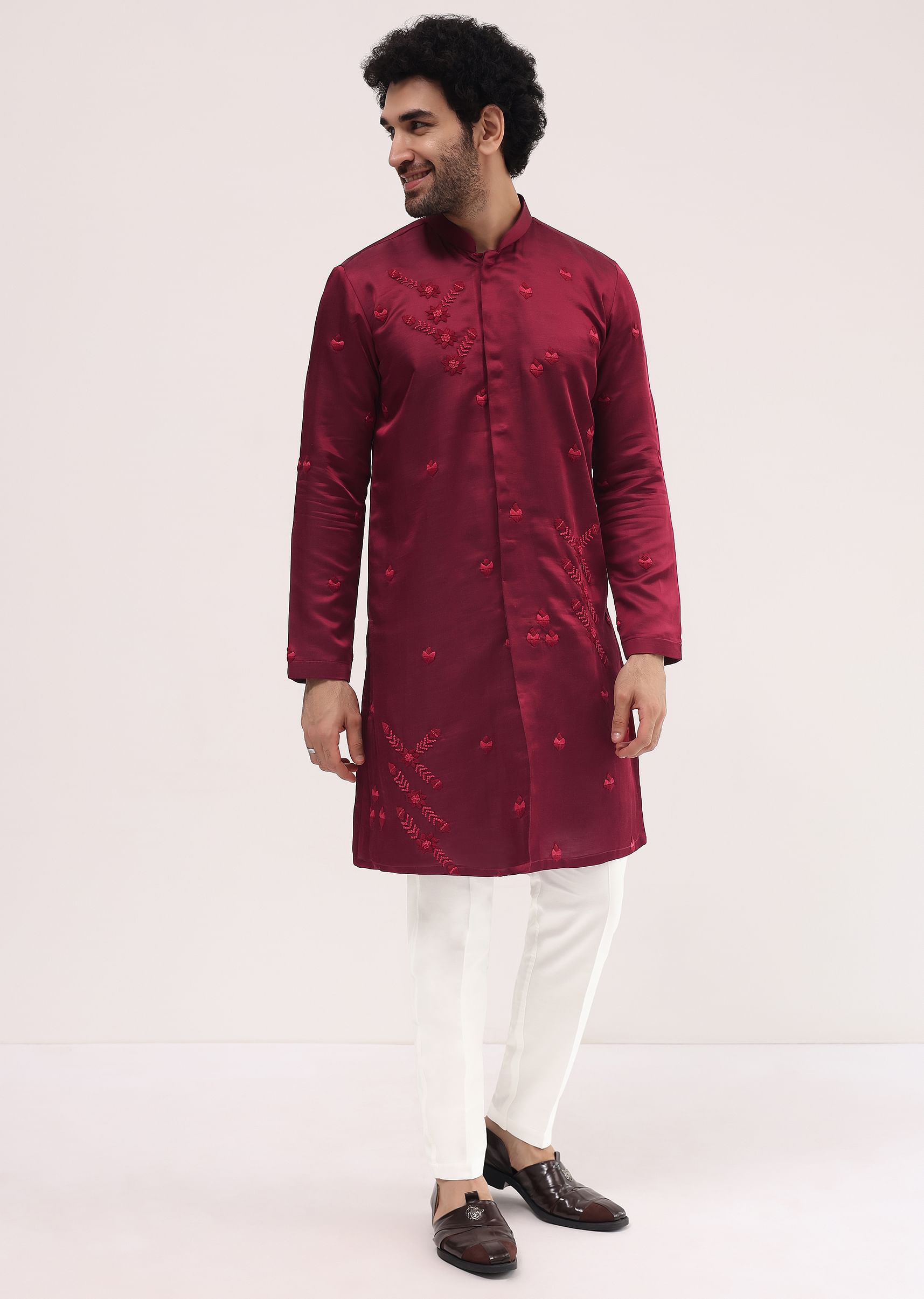 Buy Maroon Bud Embroidered Silk Kurta Set For Men