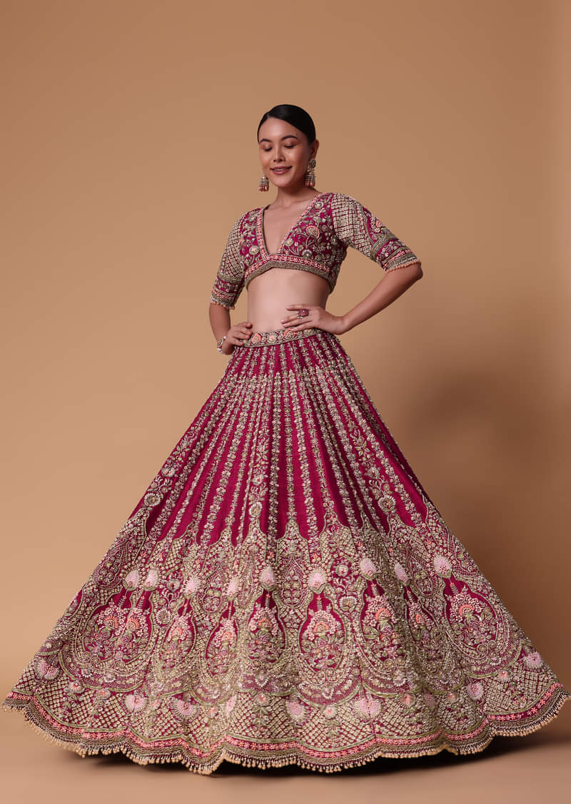 Maroon Raw Silk 16 Kali Zardozi Lehenga Set With Two Dupattas