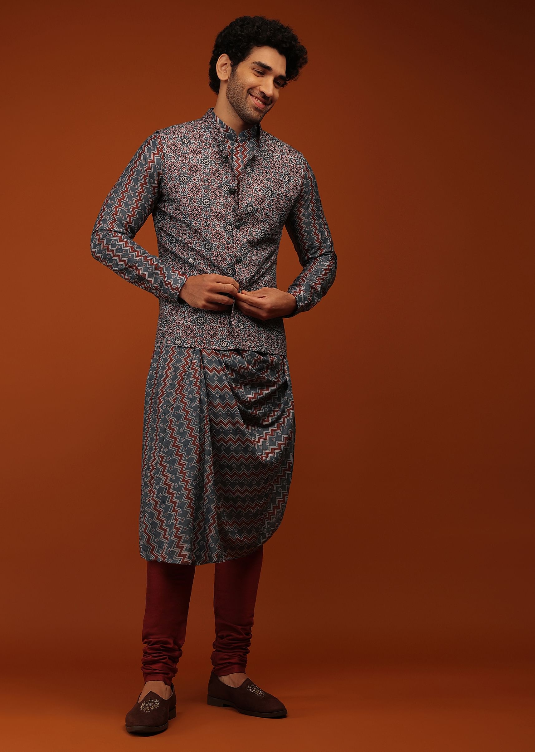 Buy Maroon Nehru Jacket And Kurta Set In Ajrak And Chevron Print Matching Print Kurta In Full Sleeves