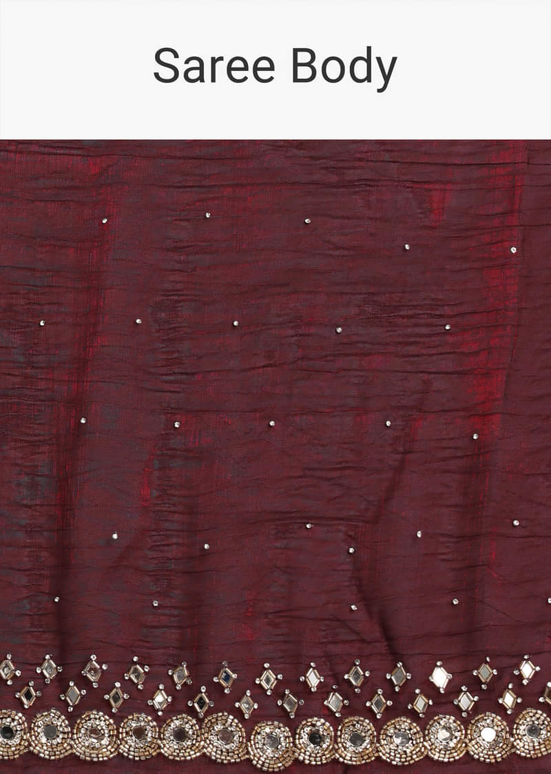 Maroon Red Satin Saree With Mirror Embroidery And Unstitched Blouse