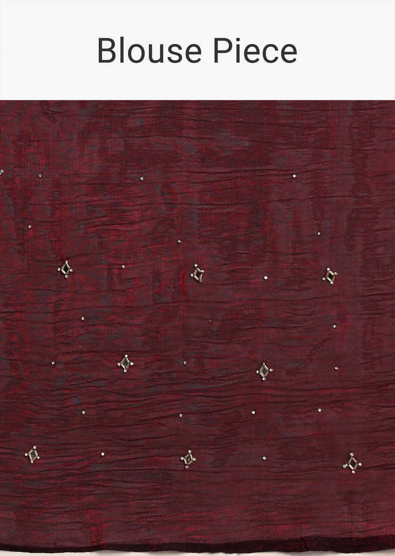 Maroon Red Satin Saree With Mirror Embroidery And Unstitched Blouse
