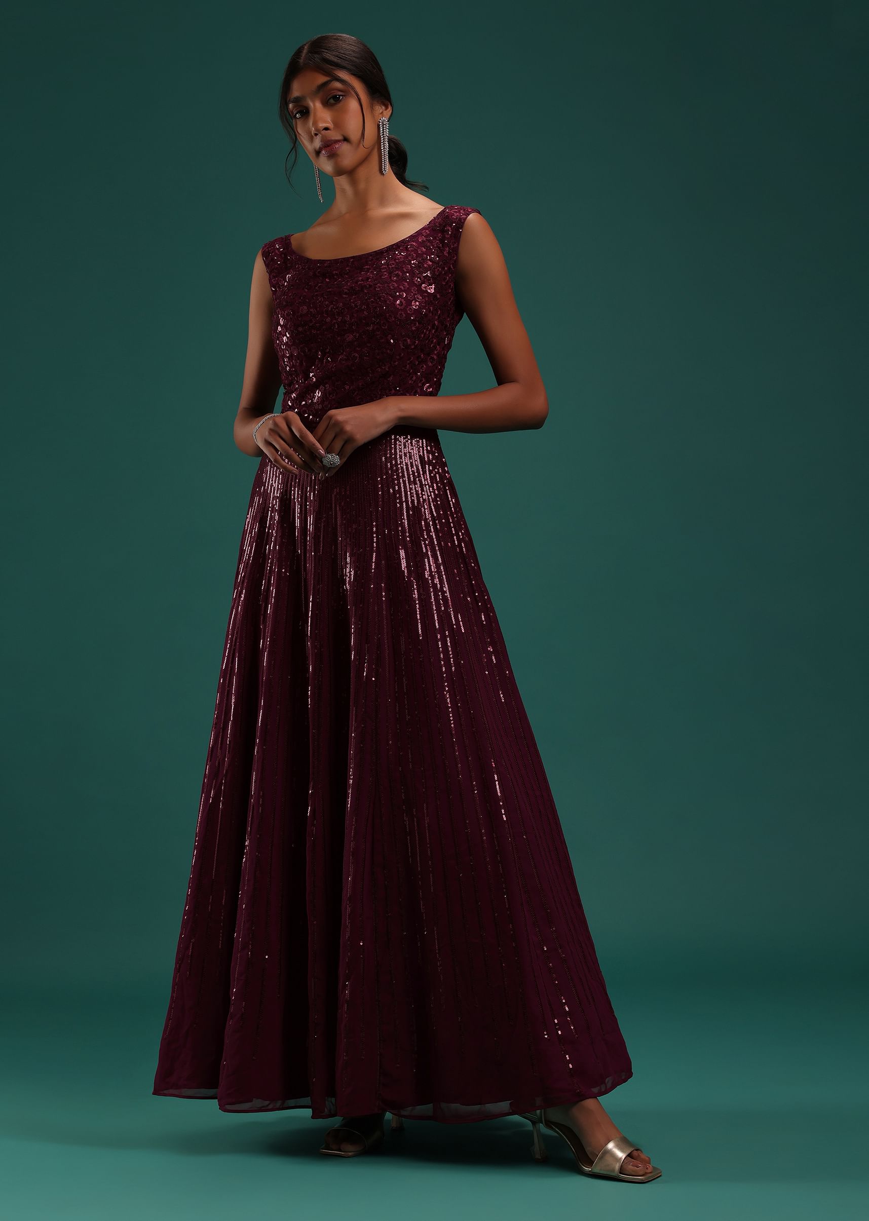 Buy Maroon Red Sequins Embellished Gown In Georgette KALKI Fashion India