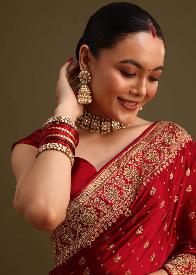 Maroon Satin Zardosi And Cutdana Embroidered Saree