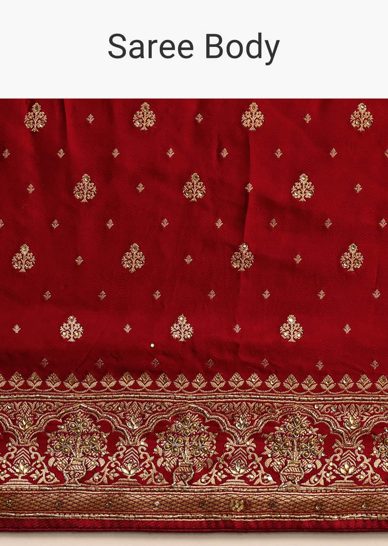 Maroon Satin Zardosi And Cutdana Embroidered Saree