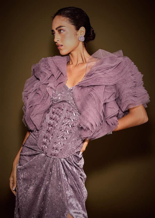 Mauve Velvet Embroidered Corset Set With Drape Skirt And Ruffled Jacket