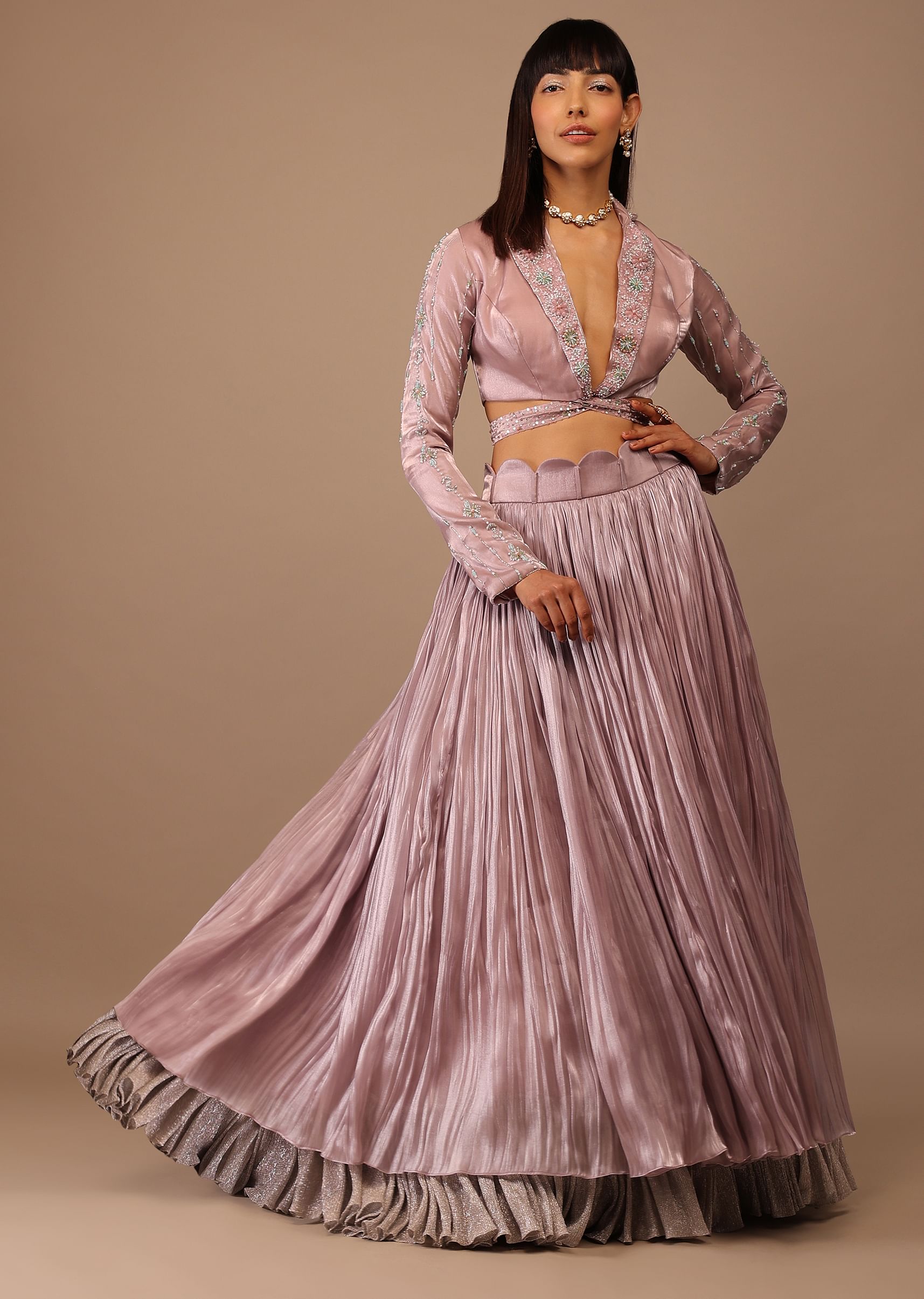 Buy Powder Pink Two Toned Layered Skirt With Hand Embroidered Tie Up Crop Top KALKI Fashion India