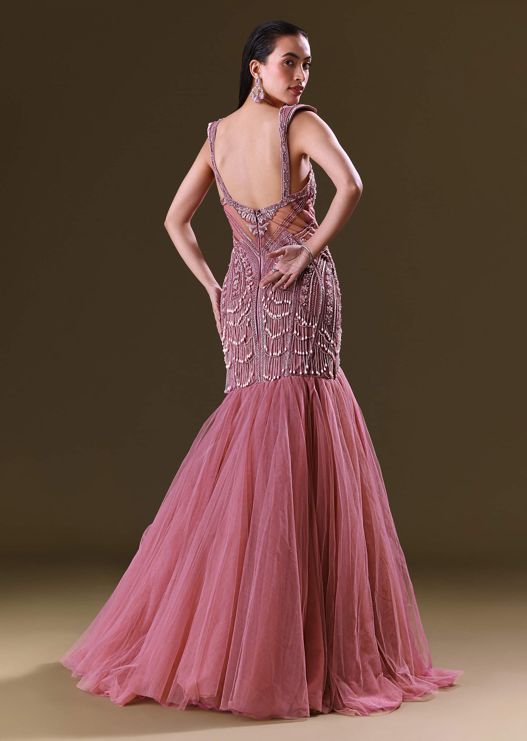 Buy Mauve Mermaid Fit Gown With Tassel Detailing And