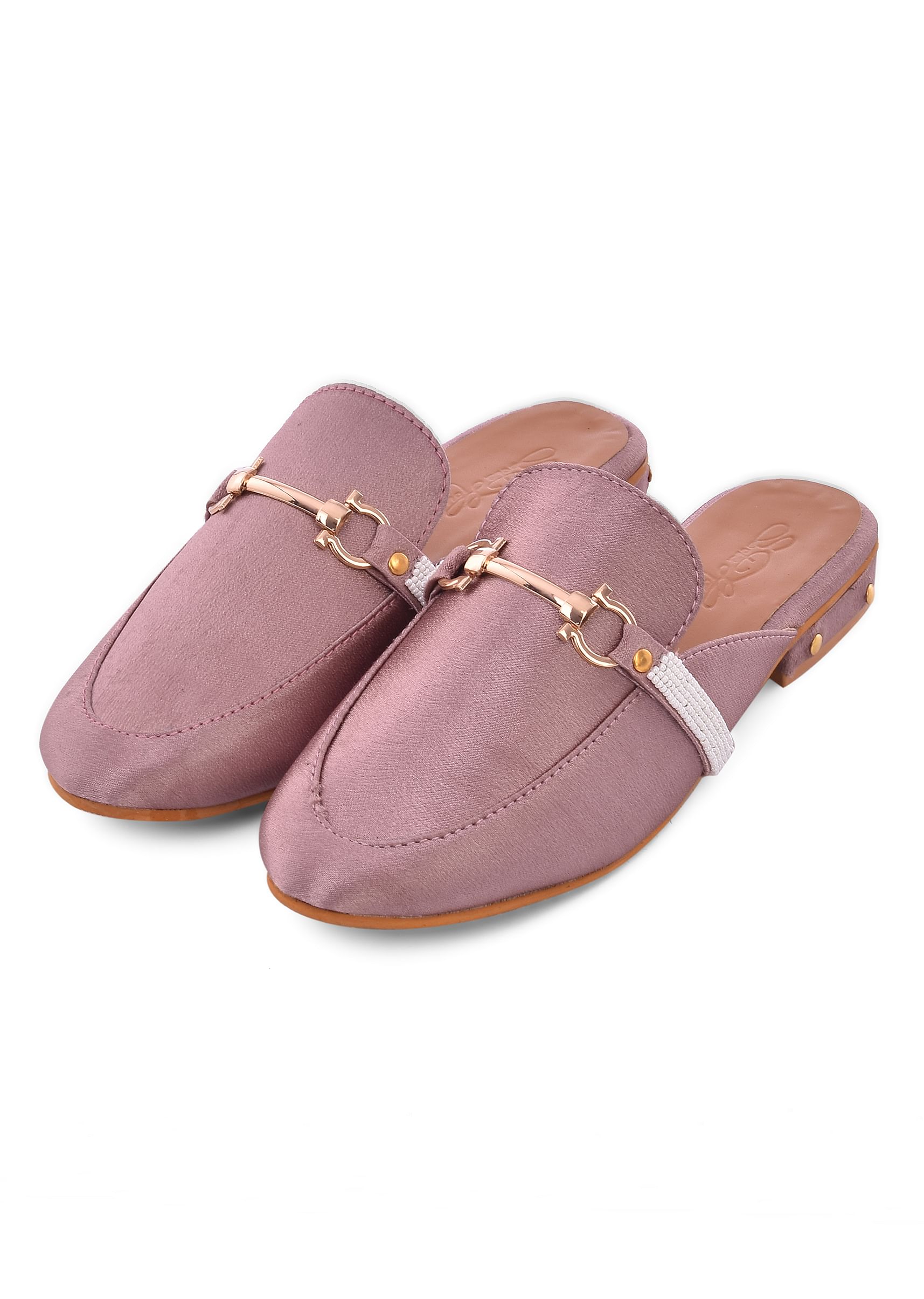 Buy Mauve Mules In Satin With Cream Beaded Embroidery KALKI Fashion Global