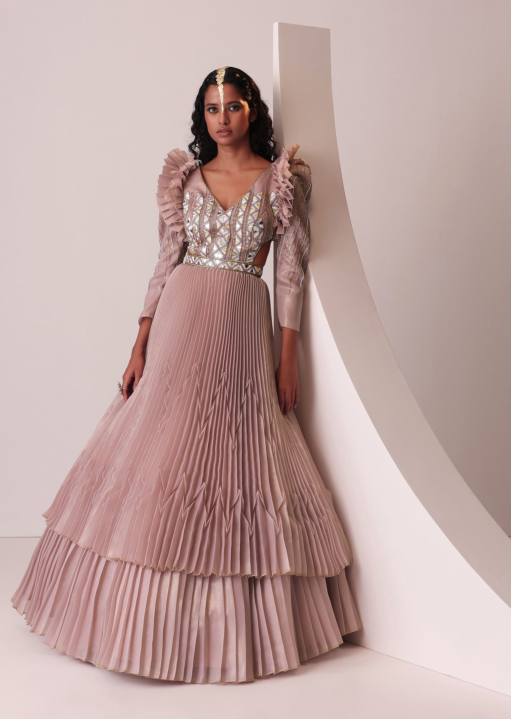 Buy Mauve Pink Tiered Embroidered Gown In Organza With Frill Shoulder Tops