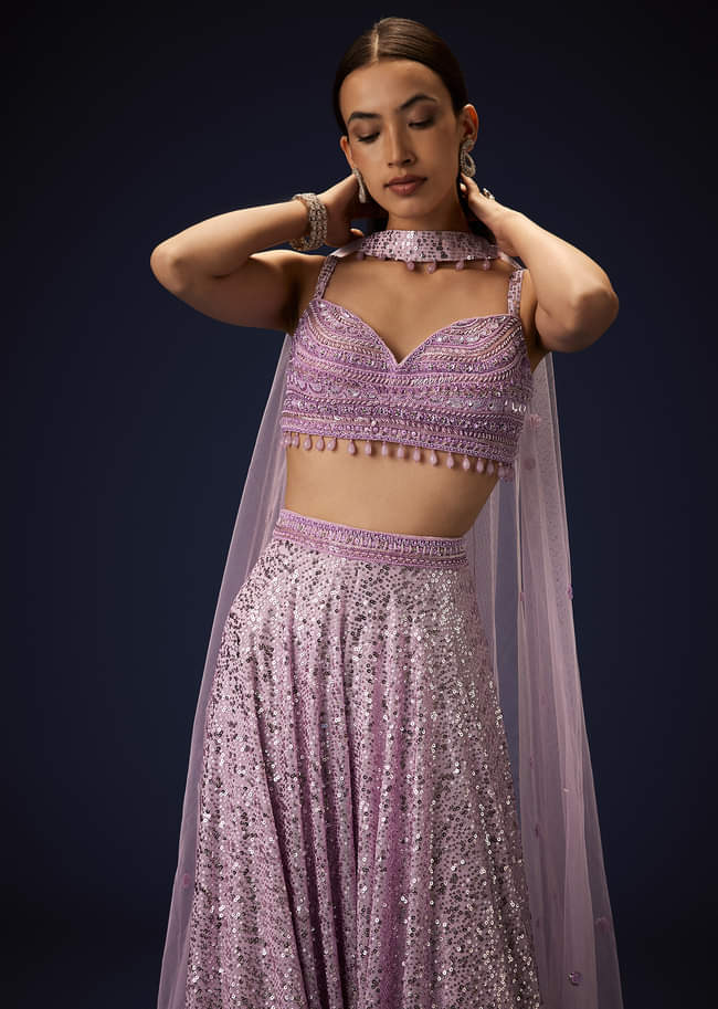Mauve Sequence Double Layer Skirt Dupatta Set With Hand Embroidered Blouse