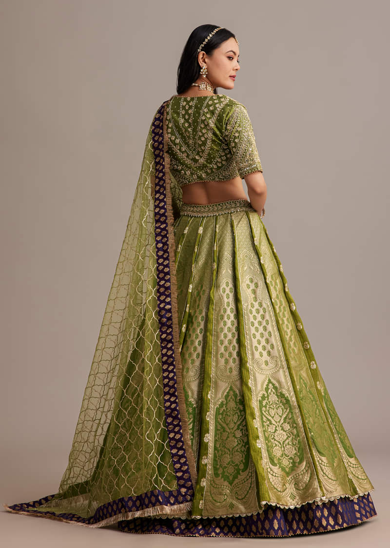 Mehendi Green Banarasi Silk Lehenga Set With Zardosi Work