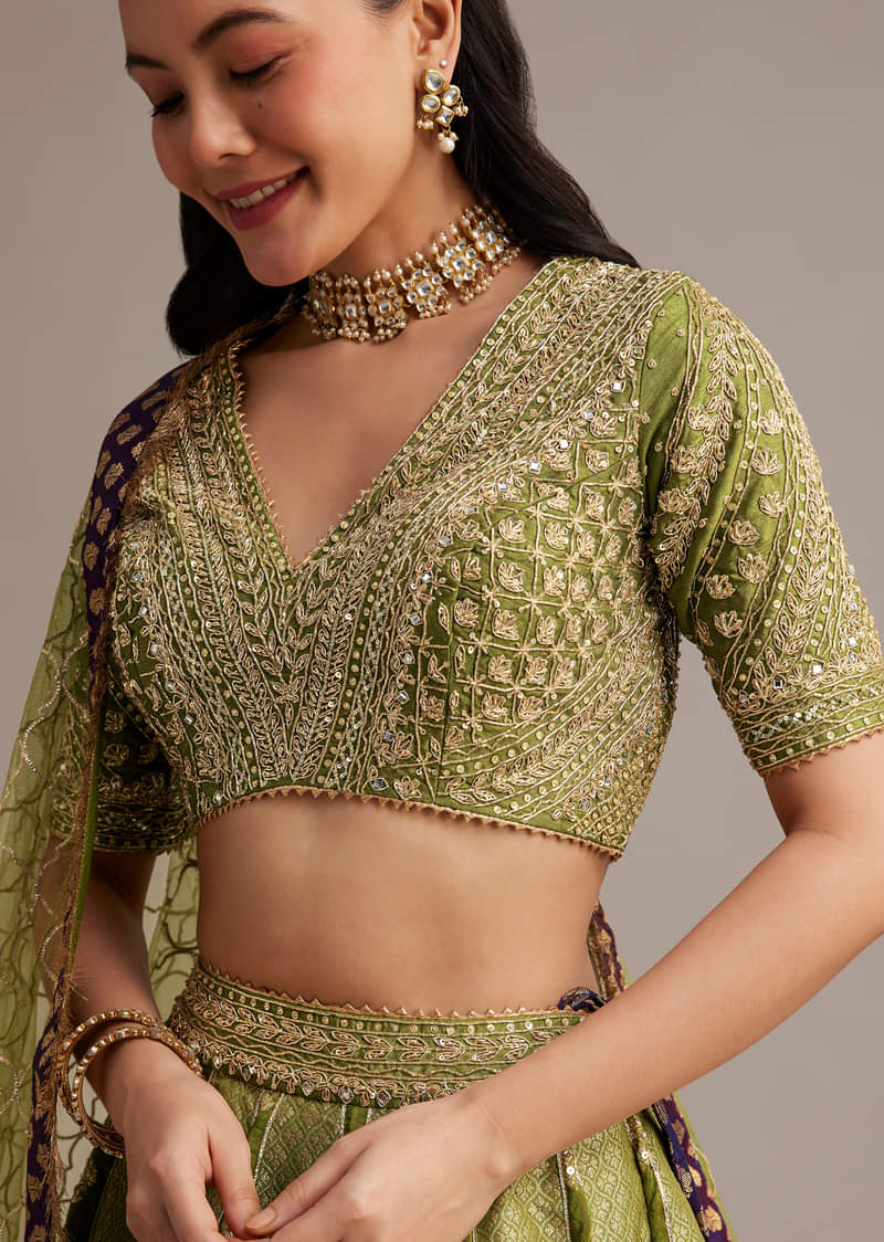 Mehendi Green Banarasi Silk Lehenga Set With Zardosi Work