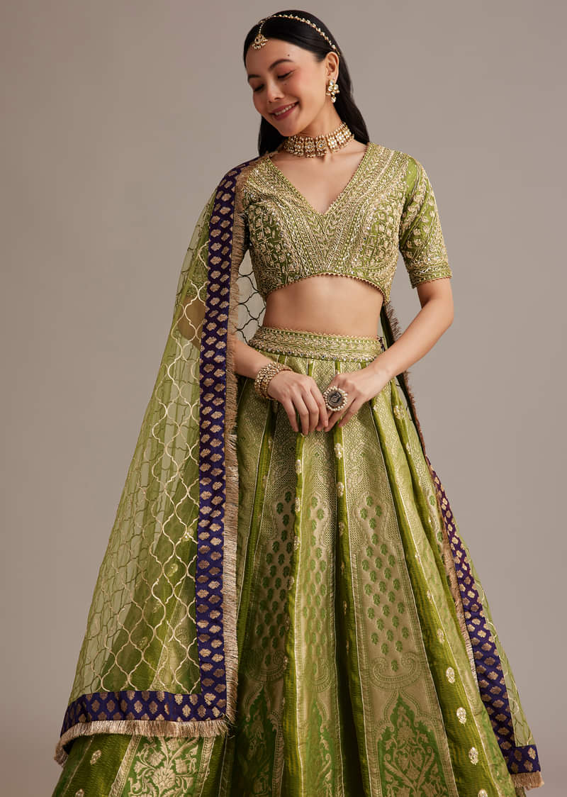 Mehendi Green Banarasi Silk Lehenga Set With Zardosi Work