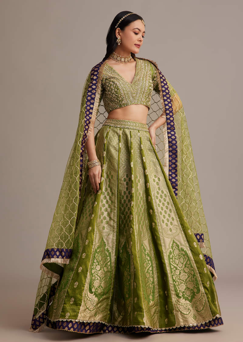 Mehendi Green Banarasi Silk Lehenga Set With Zardosi Work
