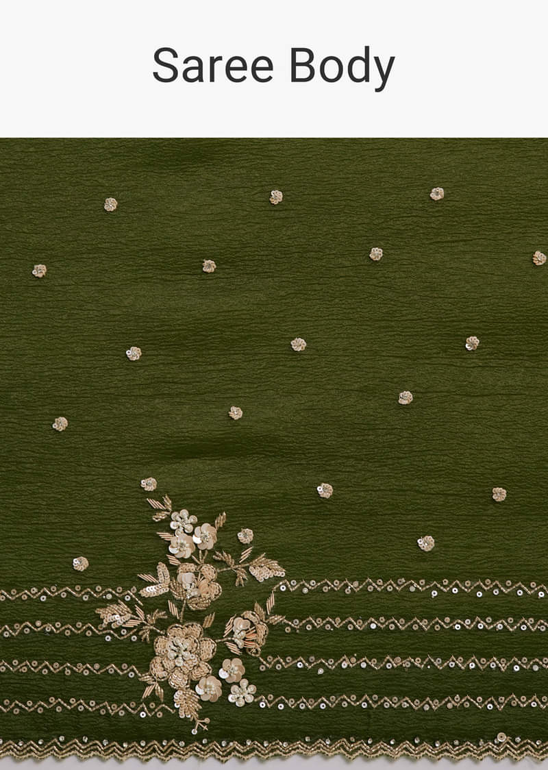 Mehendi Green Crushed Tissue Saree With Embroidered Border