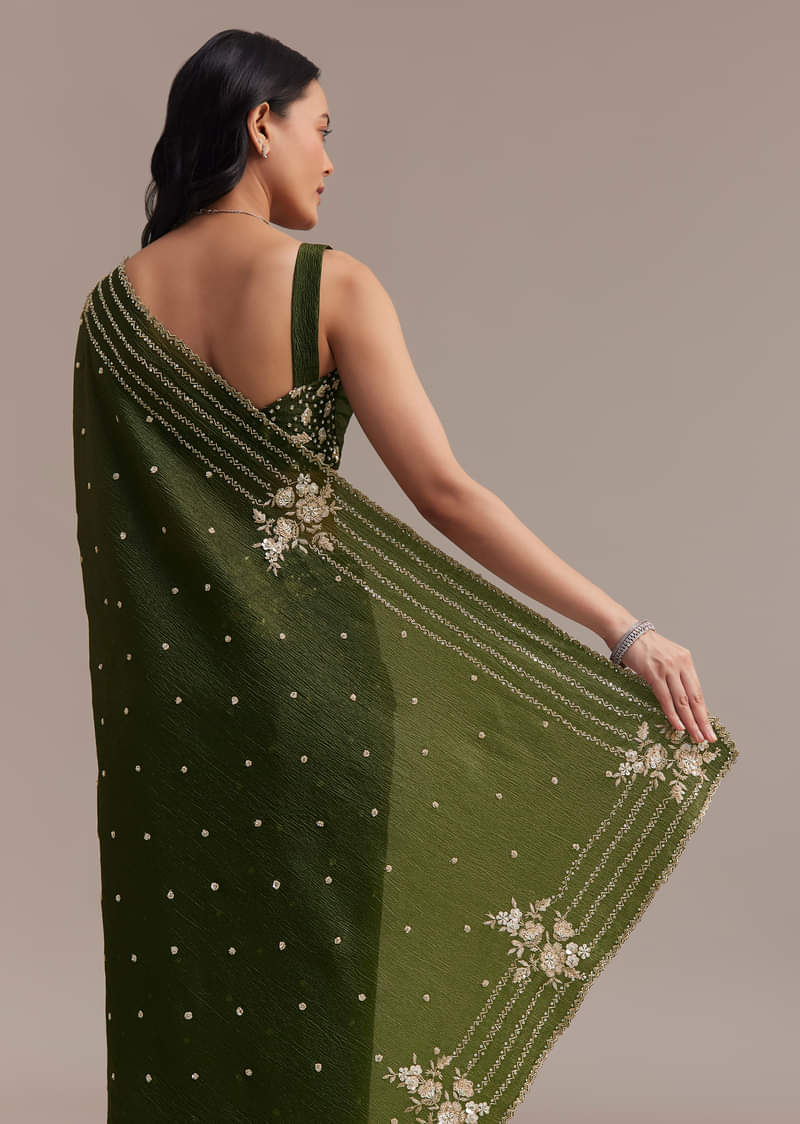 Mehendi Green Crushed Tissue Saree With Embroidered Border