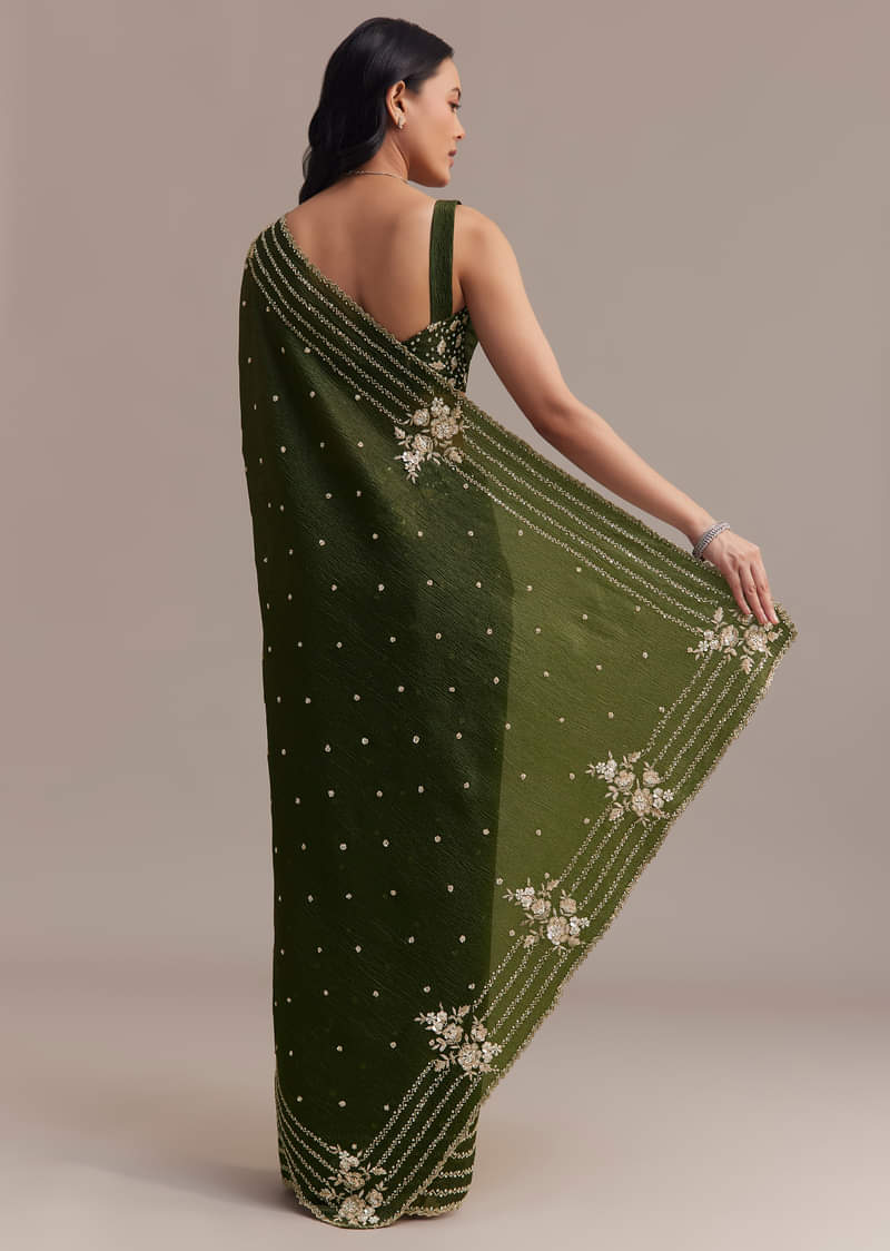 Mehendi Green Crushed Tissue Saree With Embroidered Border