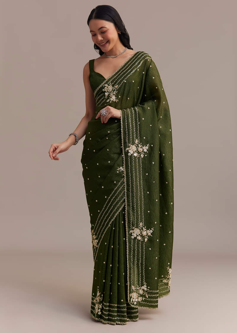 Mehendi Green Crushed Tissue Saree With Embroidered Border