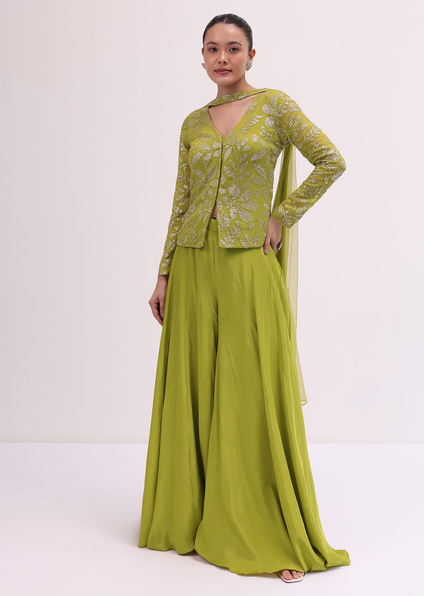 Buy Mehendi Green Kurta Palazzo Set In Sequins