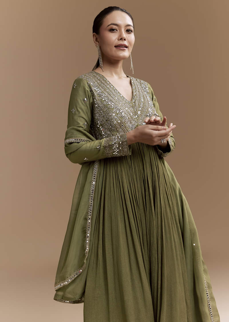 Mehendi Green Mirror Work Anarkali with Dupatta