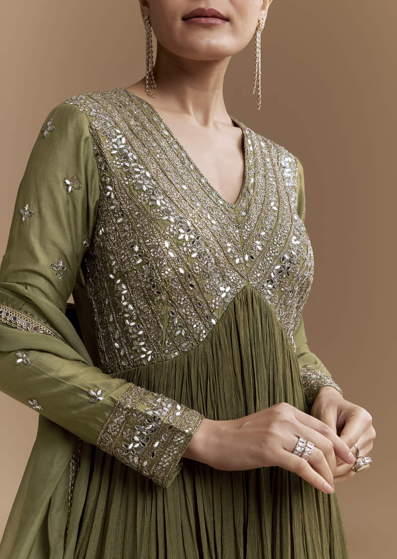 Mehendi Green Mirror Work Anarkali with Dupatta