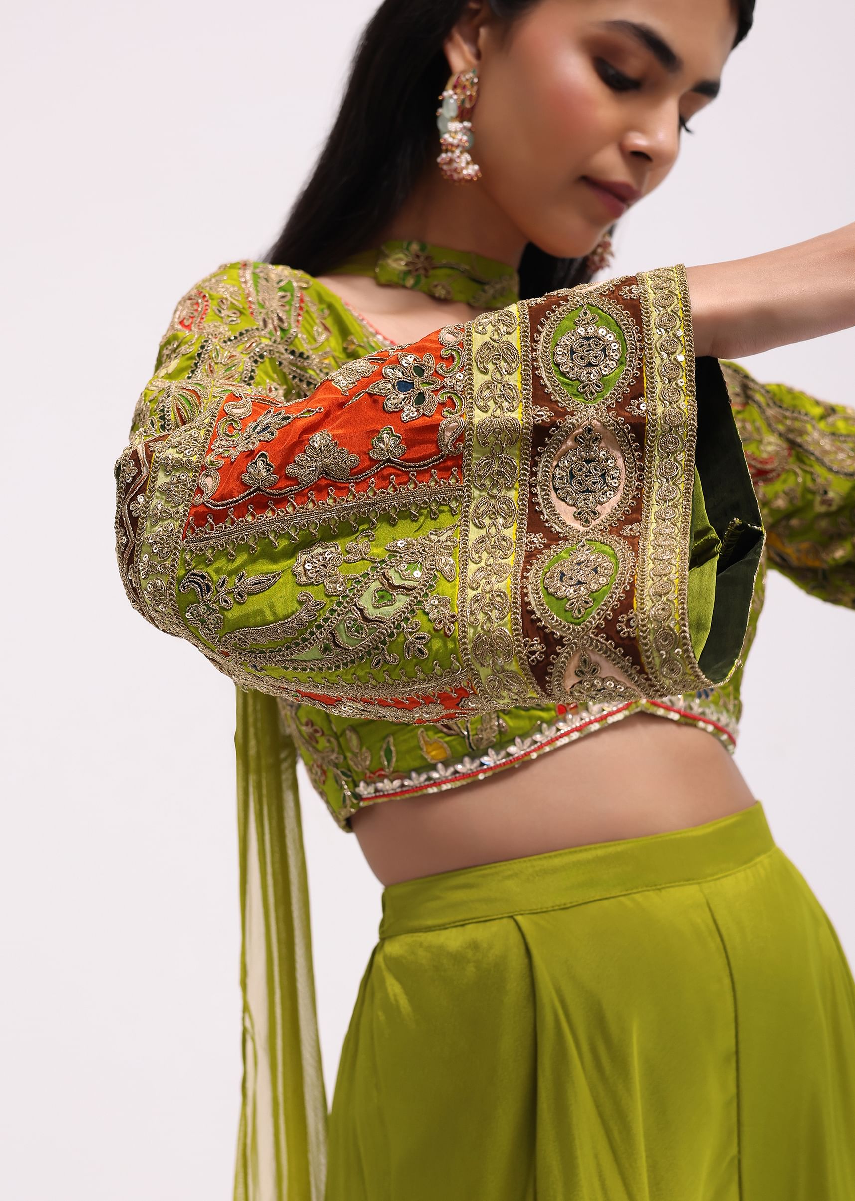 Buy Mehendi Green Silk Crop Top And Palazzo With Zari Work KALKI Fashion India