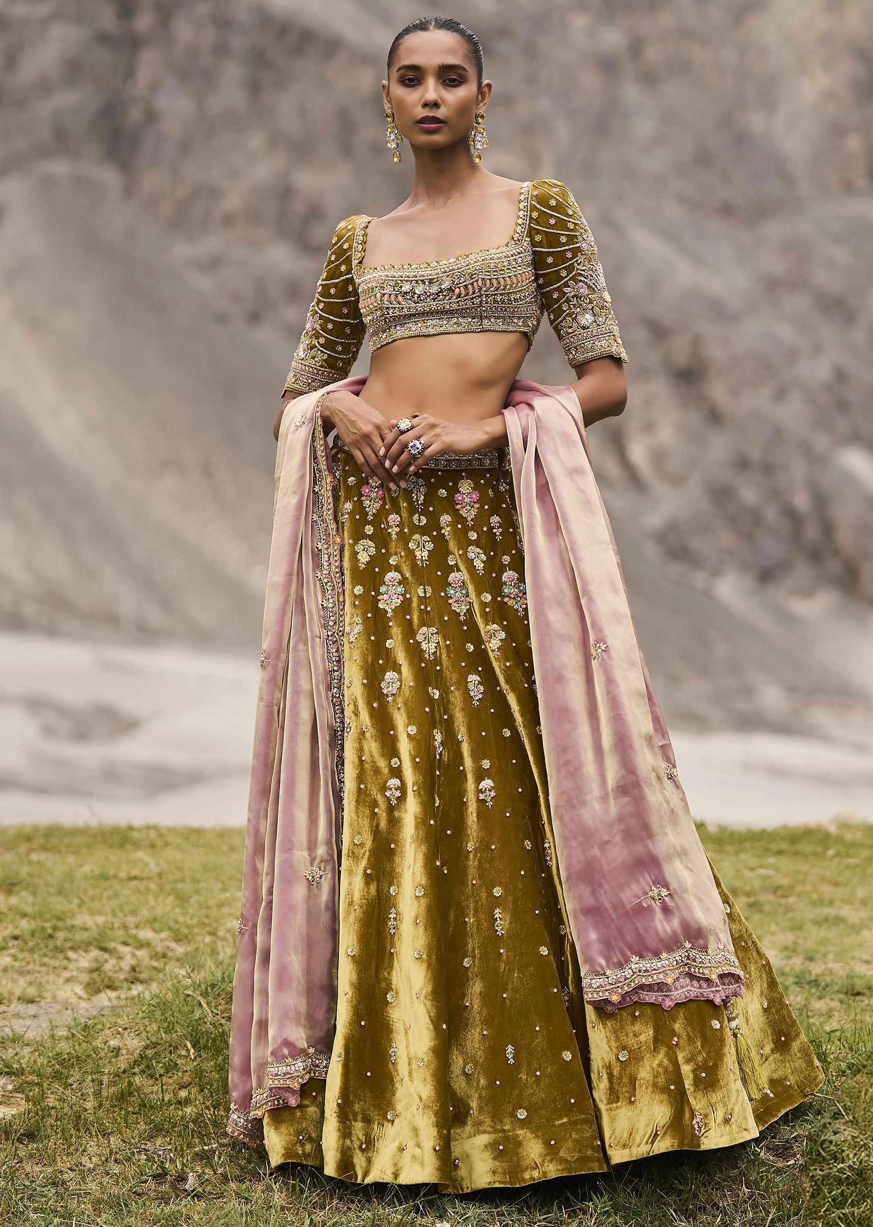 Green velvet lehenga choli cheap