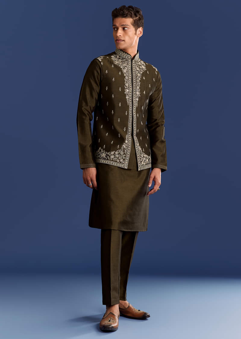 Mehndi Green Cotton Silk Kurta Jacket Set With Mirror Work