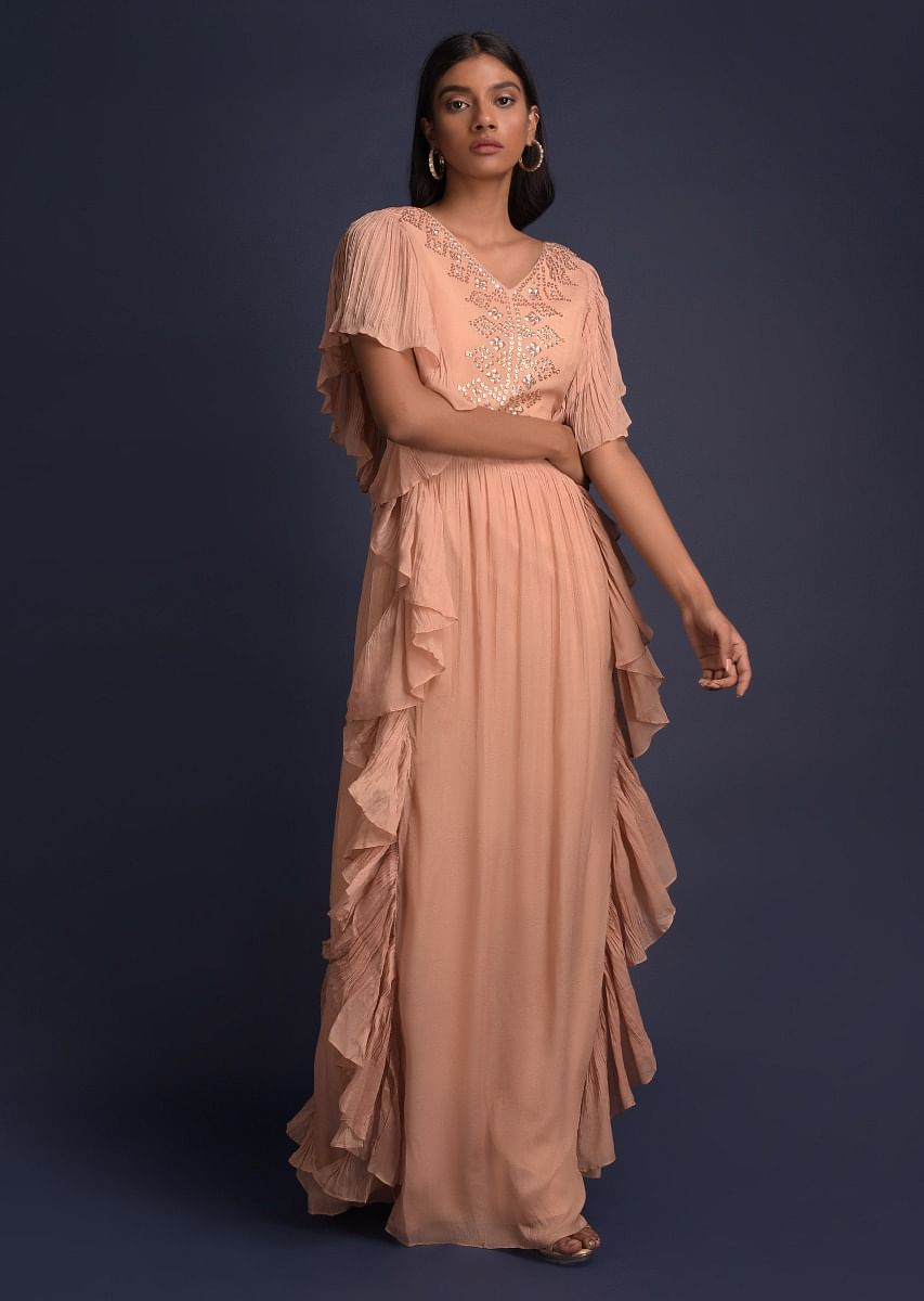 Buy Melon Peach Indowestern Gown With Fancy Ruffle Pattern KALKI Fashion Global