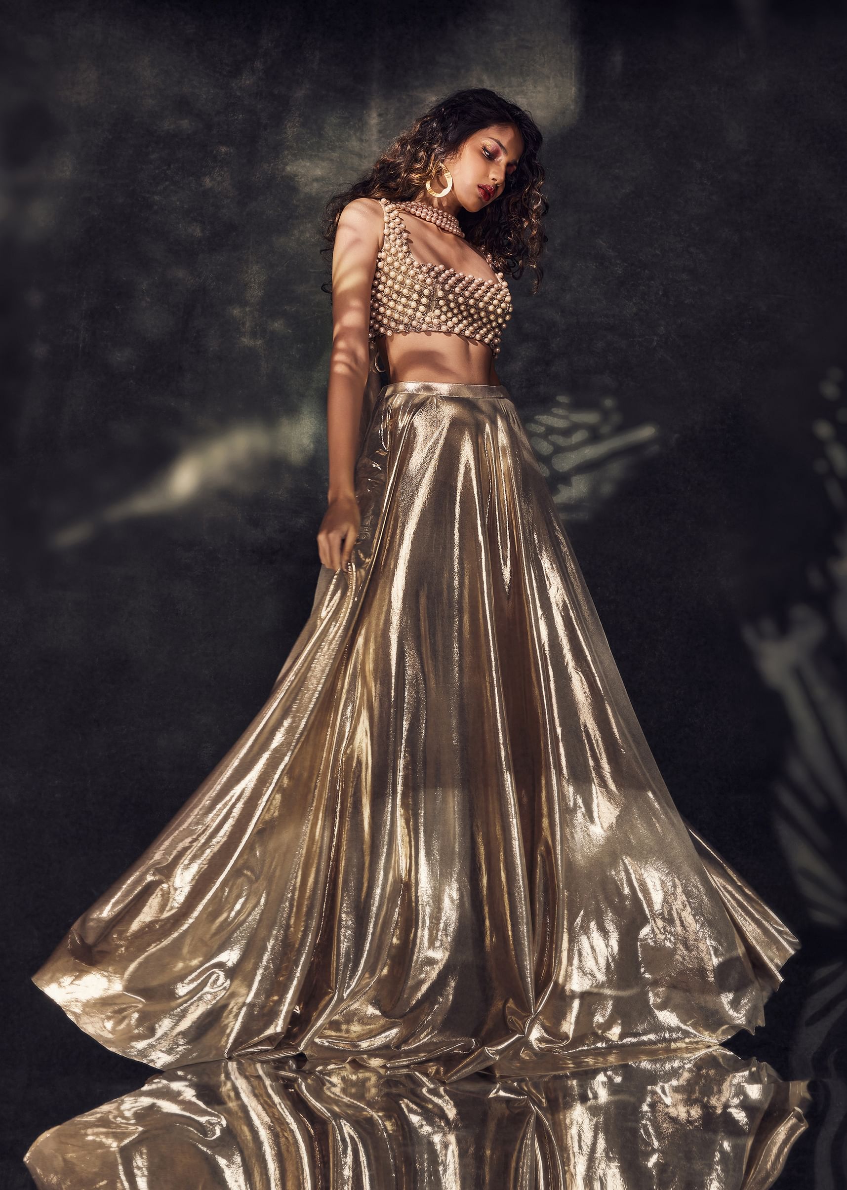 Buy Metallic Gold Skirt And Top Set With Pearl Dupatta DEME X KALKI