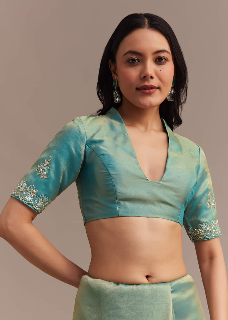 Buy Metallic Sea Green Tissue Organza Saree With Embroidered