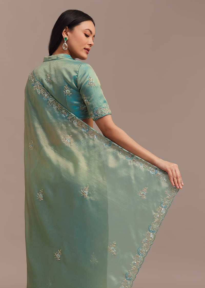 本物保証!  Buy Metallic Sea Green Tissue Organza Saree With Embroidered ブースター・導入液