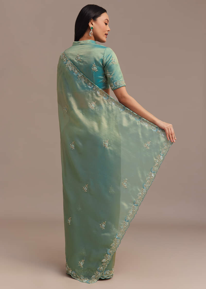 Metallic Sea Green Tissue Organza Saree With Embroidered Border
