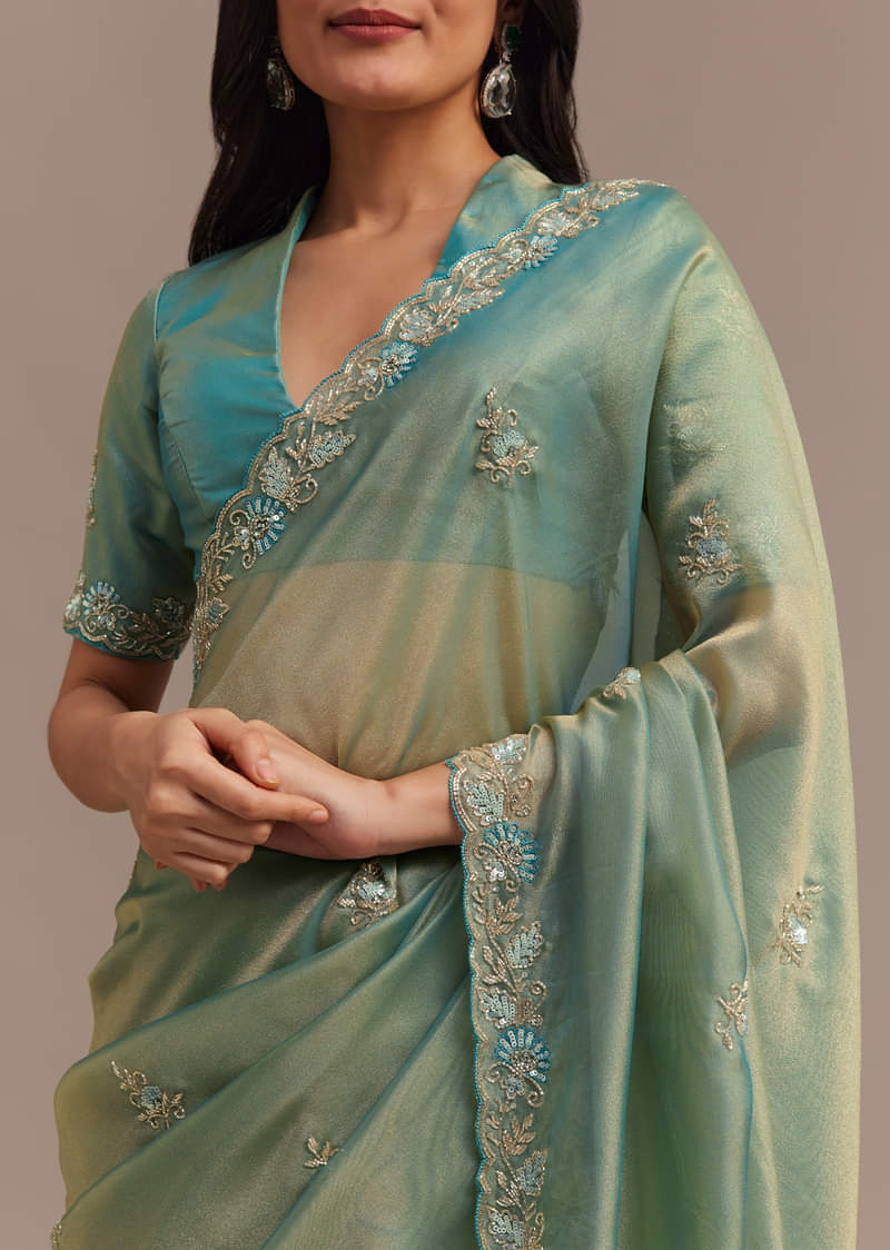 Buy Metallic Sea Green Tissue Organza Saree With Embroidered