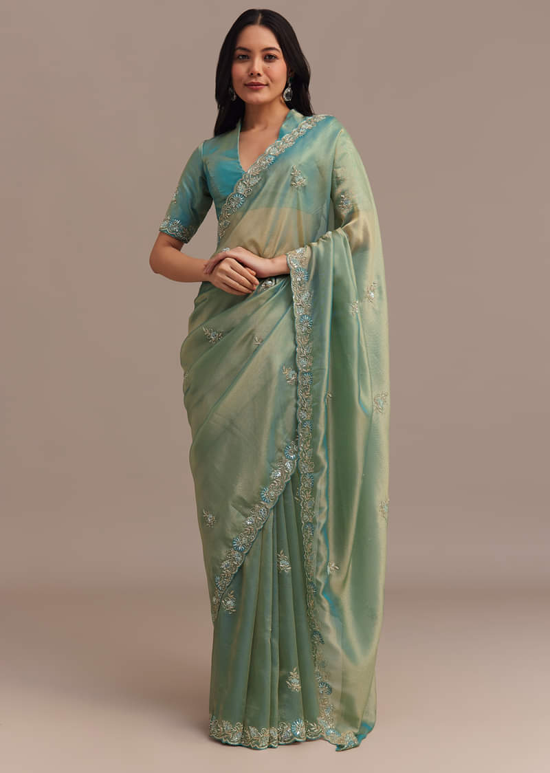 Buy Metallic Sea Green Tissue Organza Saree With Embroidered