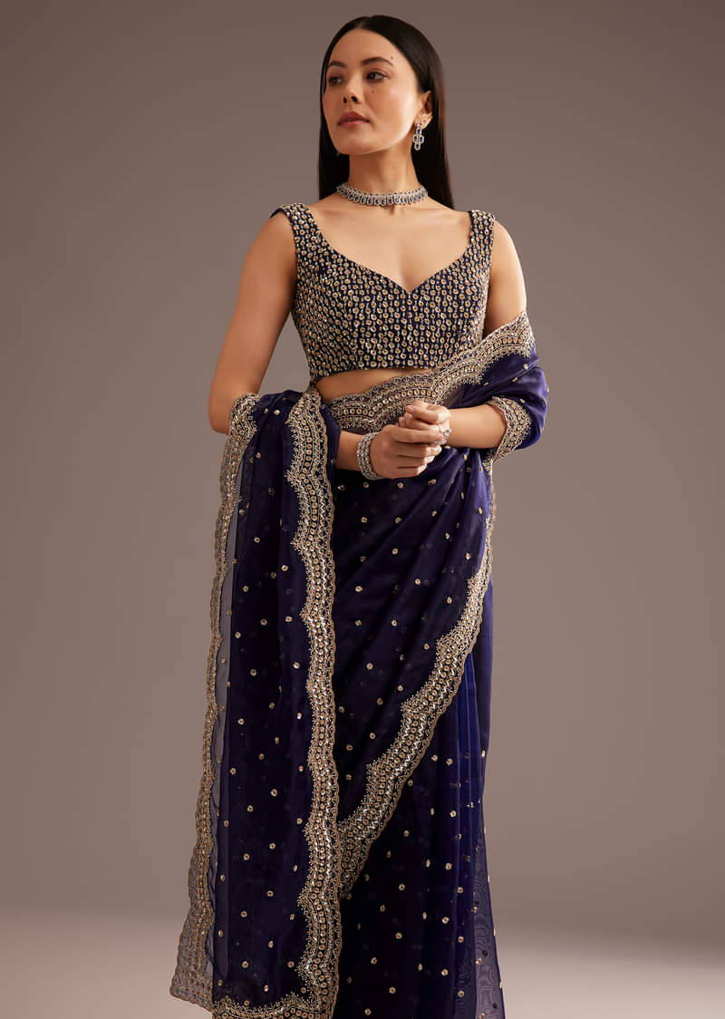 Midnight Blue Organza Tissue Saree With Sequin And Cutdana Embroidery