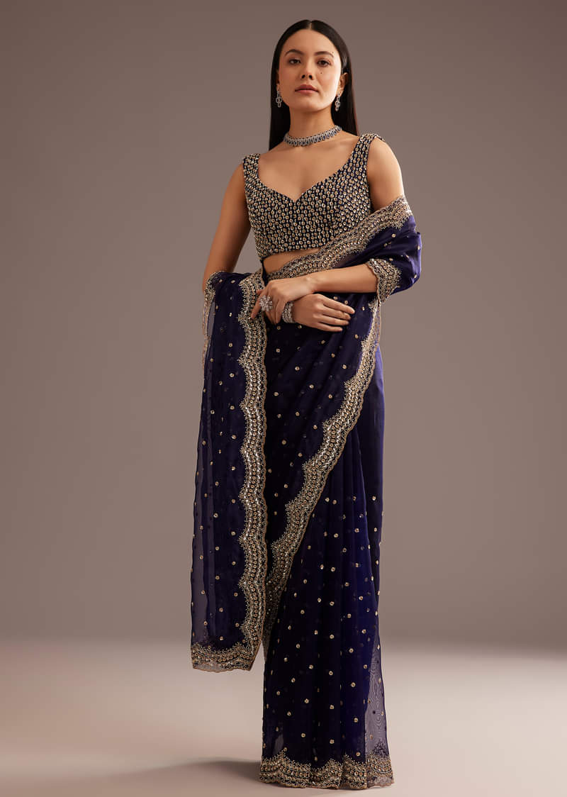Midnight Blue Organza Tissue Saree With Sequin And Cutdana Embroidery
