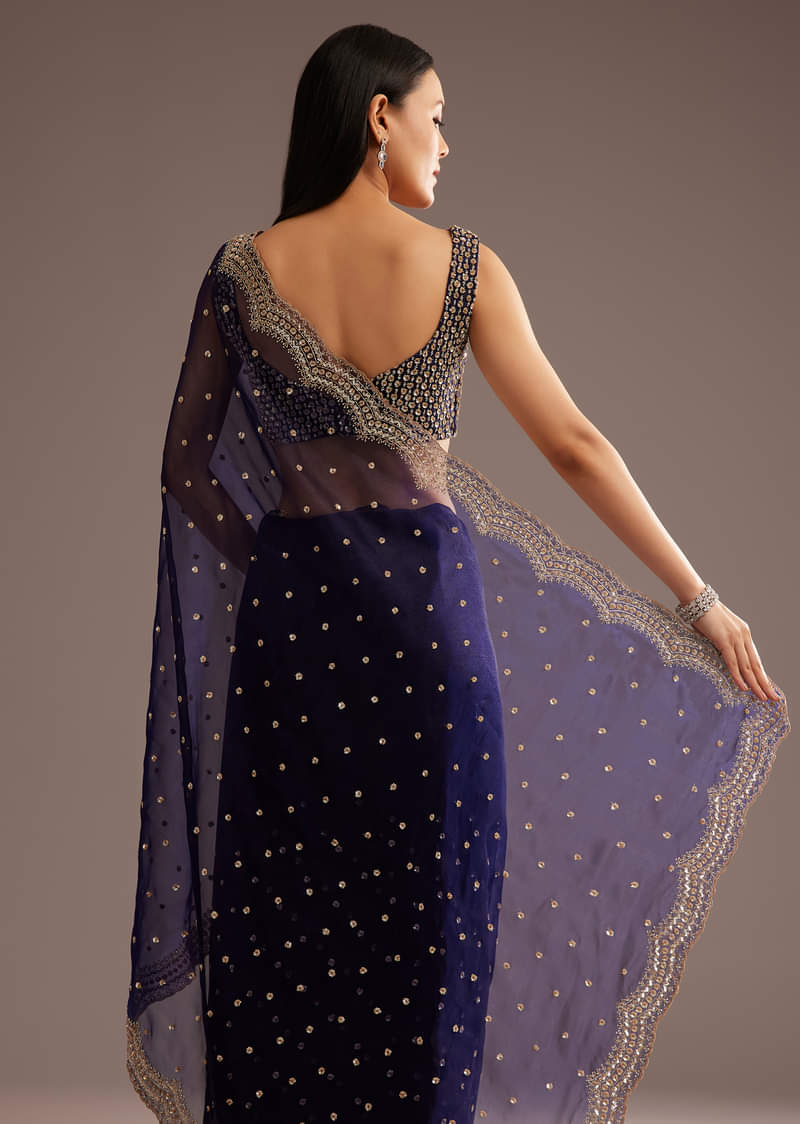 Midnight Blue Organza Tissue Saree With Sequin And Cutdana Embroidery
