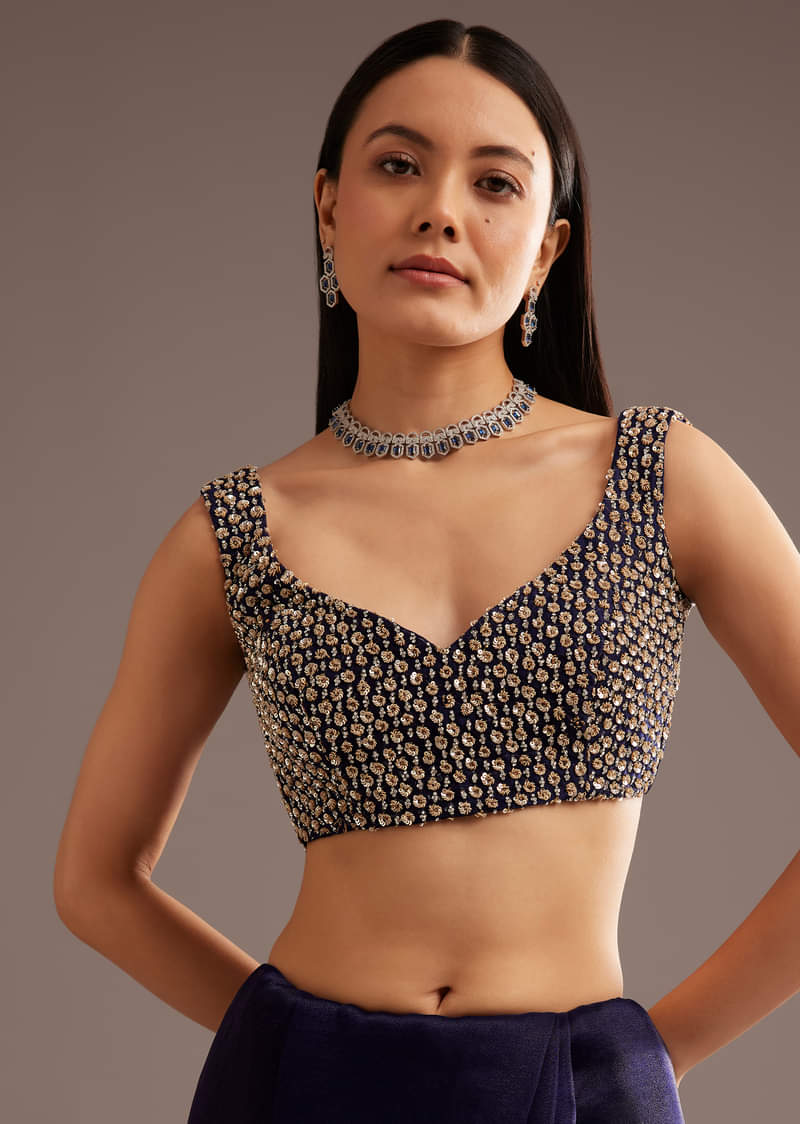 Midnight Blue Organza Tissue Saree With Sequin And Cutdana Embroidery